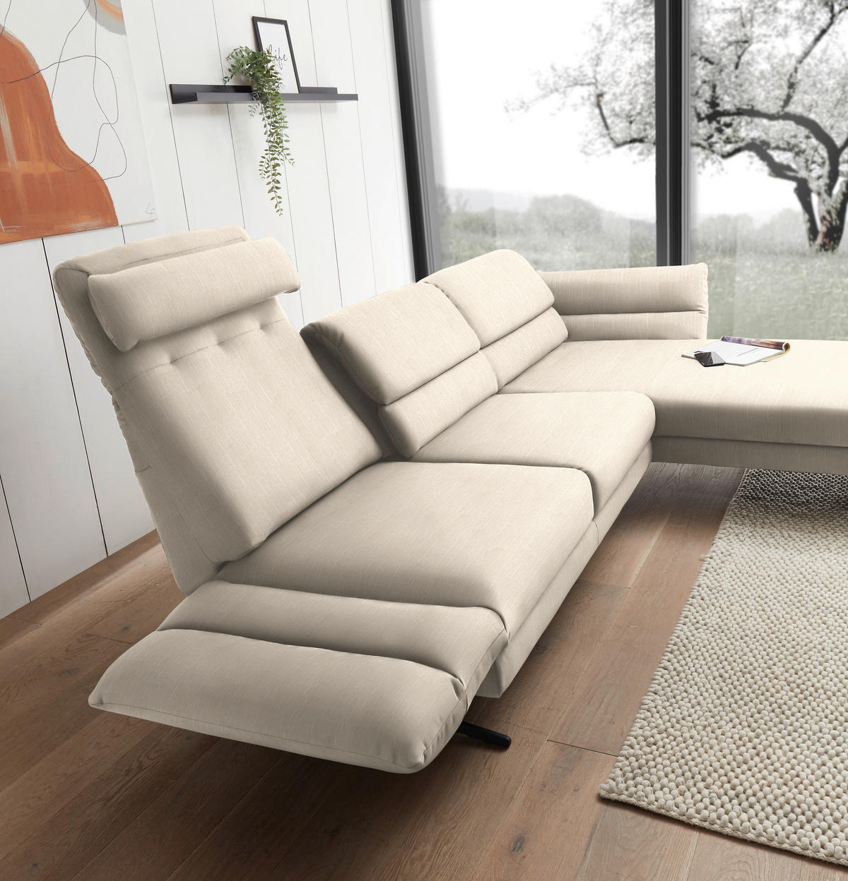 ECKSOFA in Flachgewebe Magnolie  - Magnolie/Schwarz, Design, Textil/Metall (279-327/176-217cm) - Dieter Knoll
