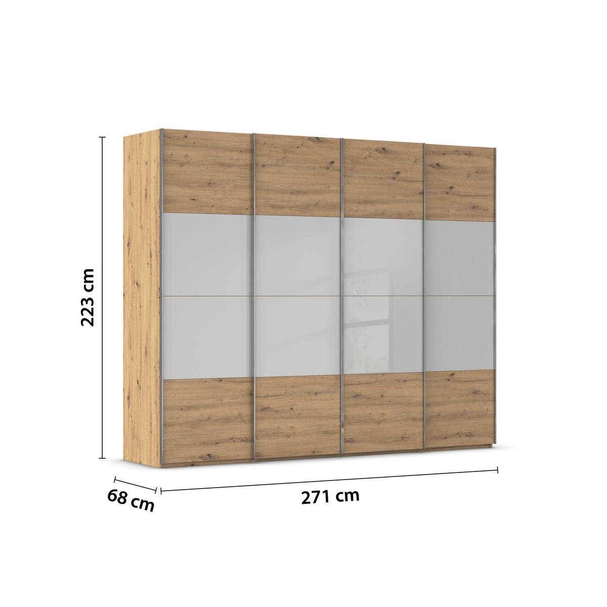 SCHWEBETÜRENSCHRANK 271/223/68 cm 4-türig Grau, Eiche Artisan  - Chromfarben/Eiche Artisan, KONVENTIONELL, Glas/Holzwerkstoff (271/223/68cm) - Novel