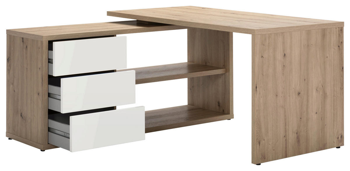 ECKSCHREIBTISCH 139/139/72 cm Eiche Artisan, Weiss Hochglanz  - Weiss Hochglanz/Eiche Artisan, Design, Holzwerkstoff (139/139/72cm) - Stylife