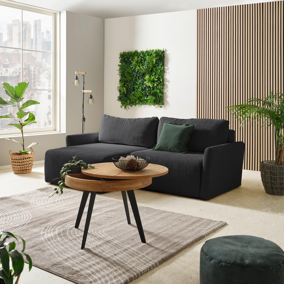 ECKSOFA in Cord Anthrazit  - Anthrazit/Schwarz, Konventionell, Kunststoff/Textil (228/146cm) - MID.YOU