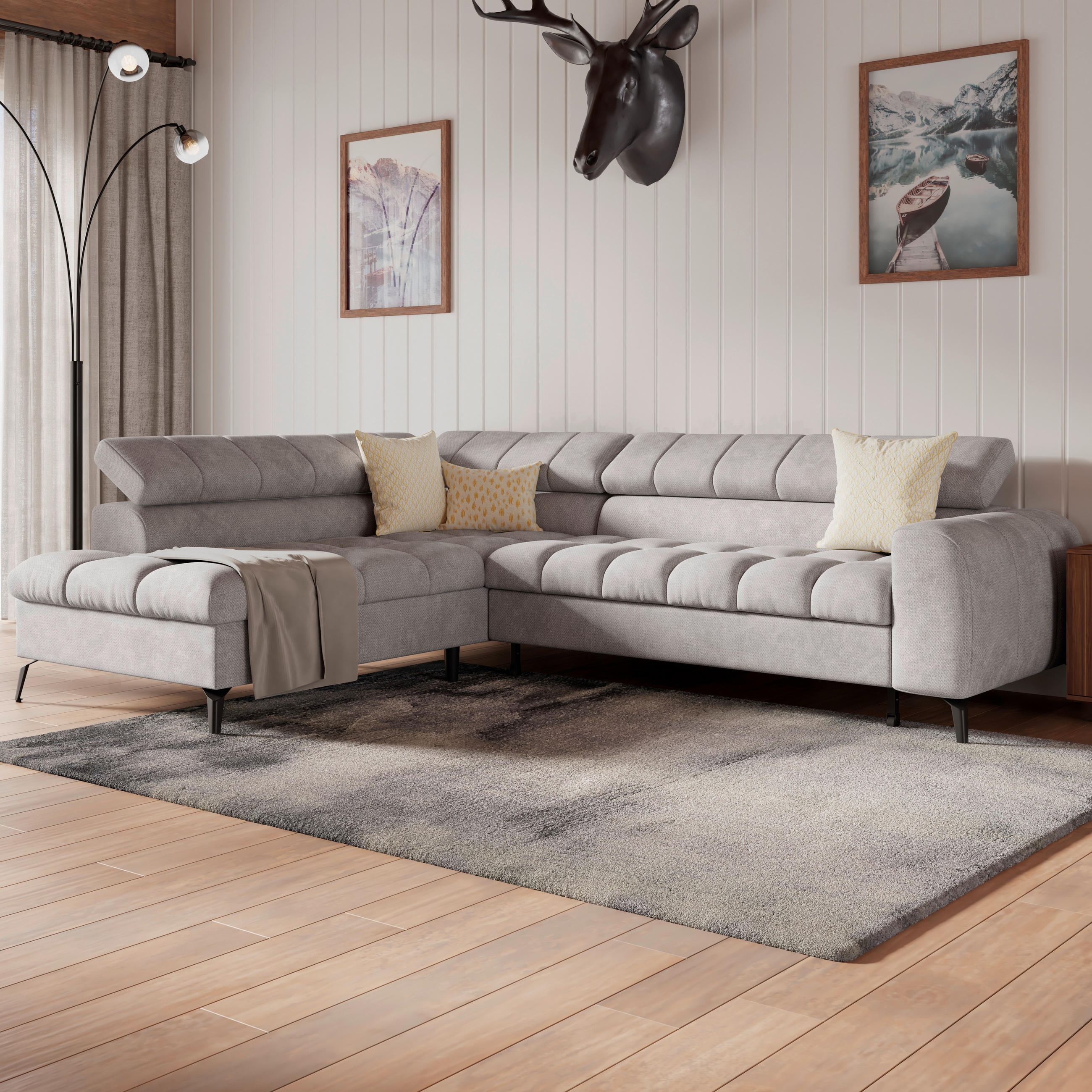 ECKSOFA in Flachgewebe Hellgrau  - Hellgrau/Schwarz, Trend, Kunststoff/Textil (203/261cm) - Livetastic