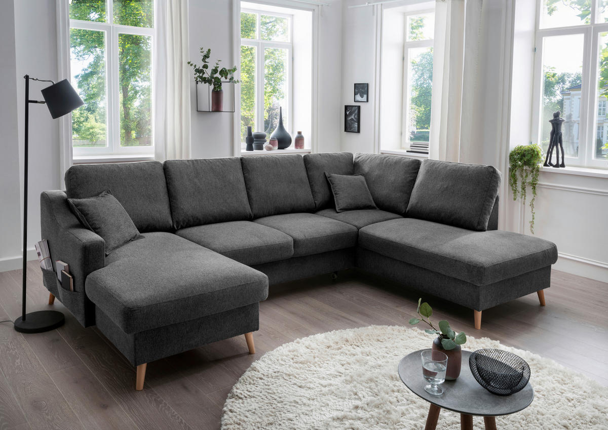 WOHNLANDSCHAFT in Struktur Anthrazit  - Anthrazit/Naturfarben, Konventionell, Holz/Textil (150/301/200cm) - P & B
