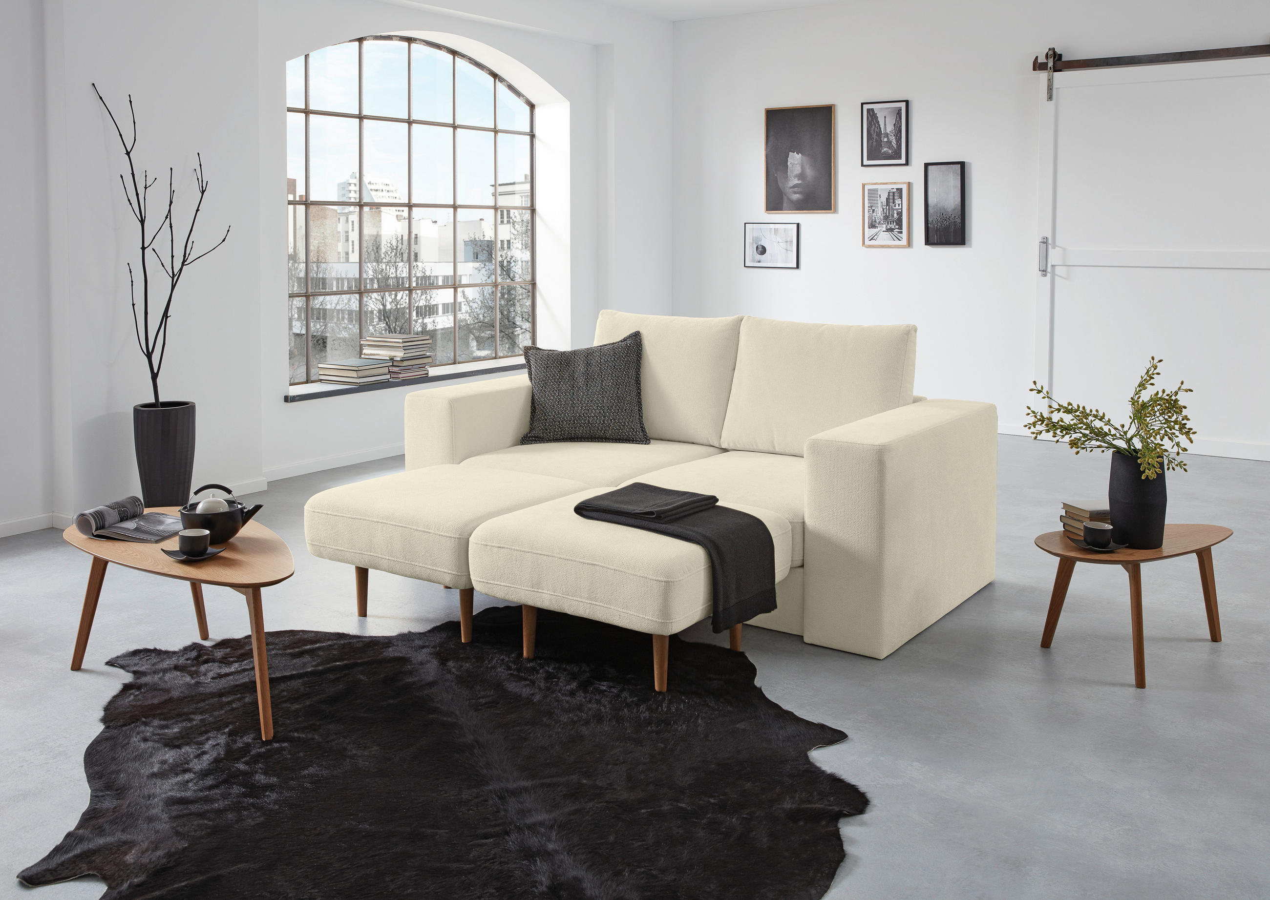 ZWEISITZER-SOFA inkl. Hocker Webstoff Creme  - Creme/Schwarz, Design, Kunststoff/Textil (172/96/107cm) - LOOKS by W.Joop