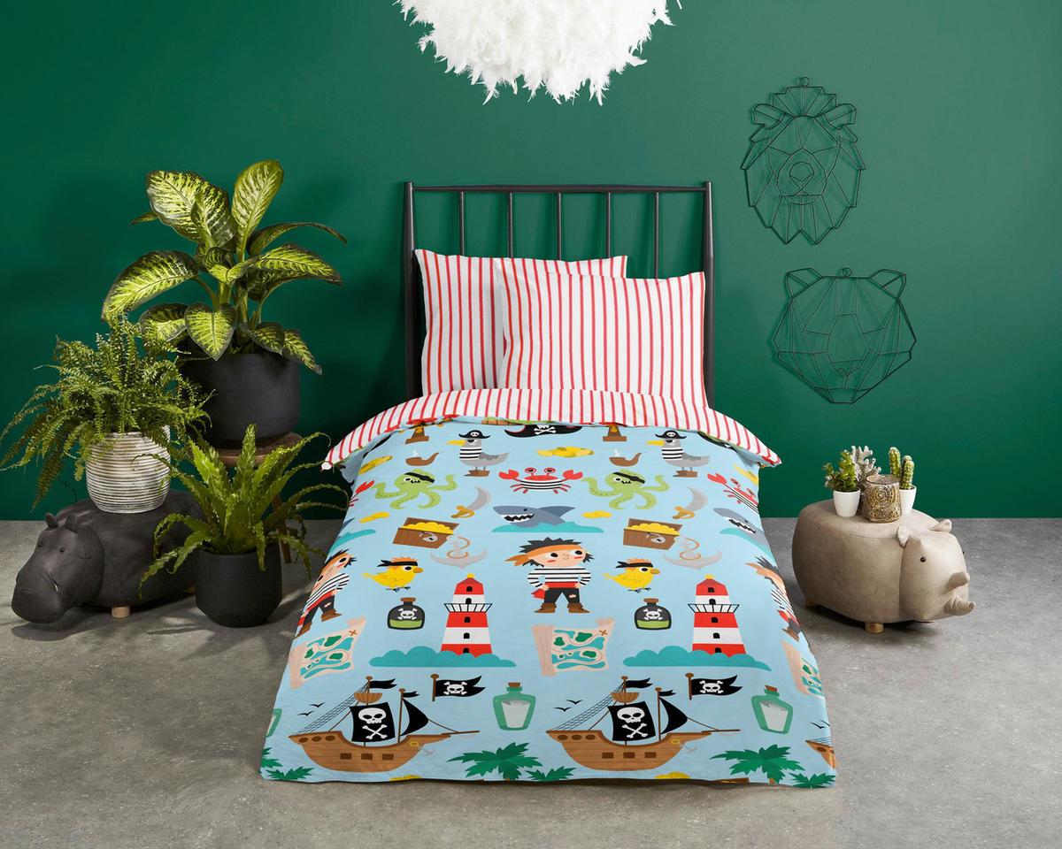 KINDERBETTWÄSCHE 100/135 cm  - Türkis/Rot, Basics, Textil (100/135cm)
