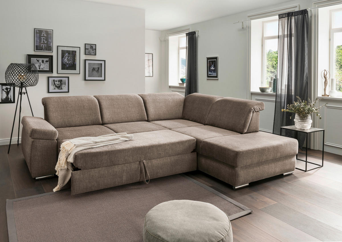 Ecksofa mit Schlaffunktion Hellbraun Velours  - Hellbraun/Chromfarben, MODERN, Holz/Textil (297/250cm) - Livetastic