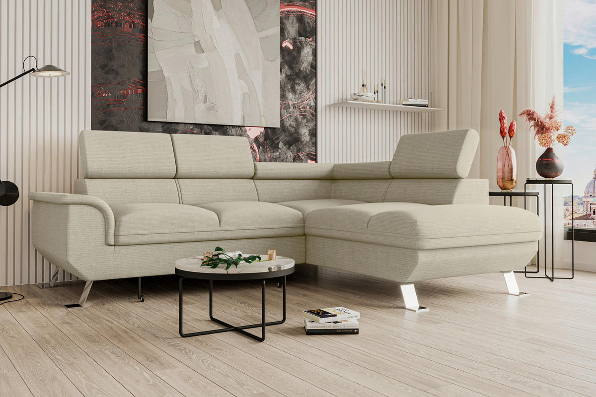 ECKSOFA in Struktur Creme  - Silberfarben/Creme, Konventionell, Textil/Metall (268/207cm) - MID.YOU