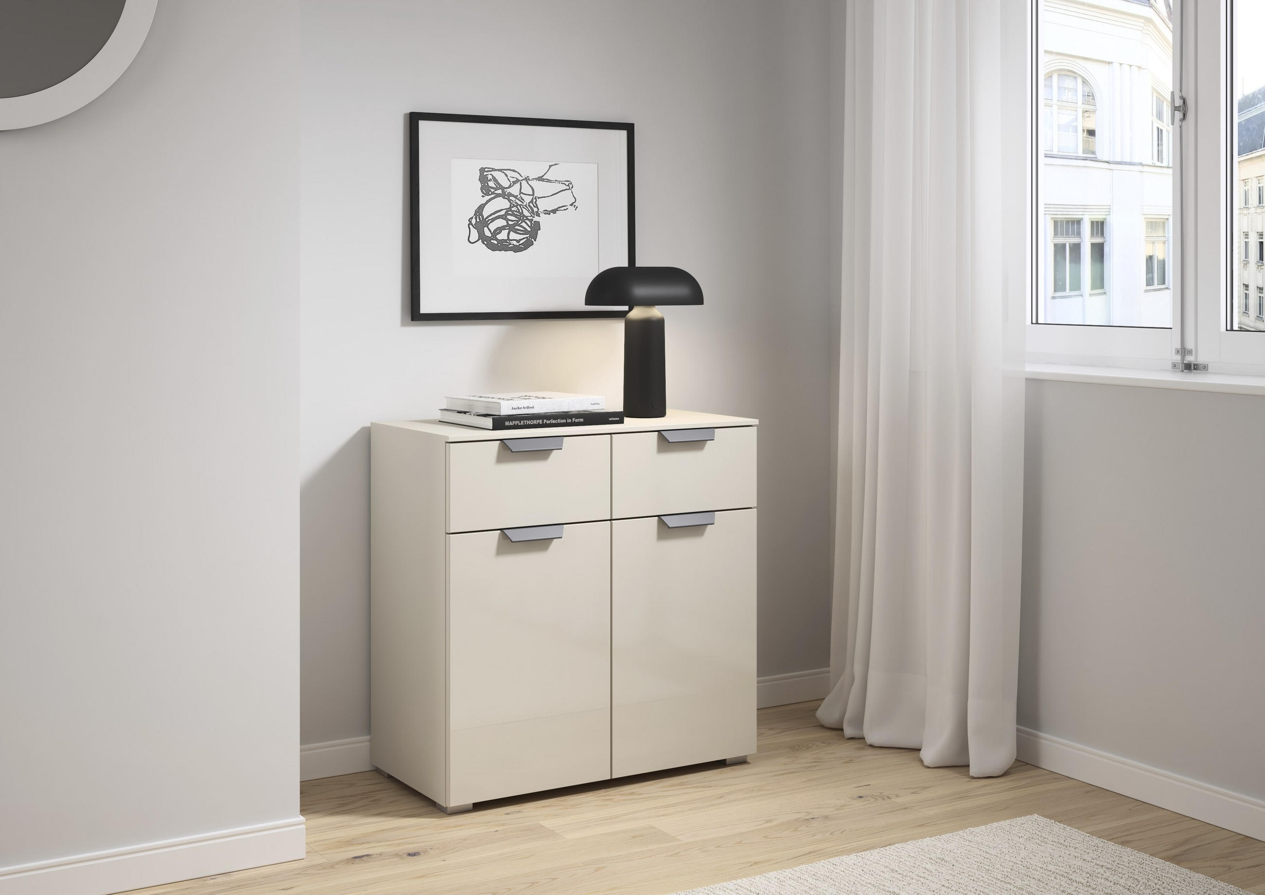 Thumbnail - Carryhome Kommode, Champagner, Holzwerkstoff, 1 Fächer, 2 Schublade(n) Schubladen, 80x81x42 cm, Blauer Engel, Goldenes M...