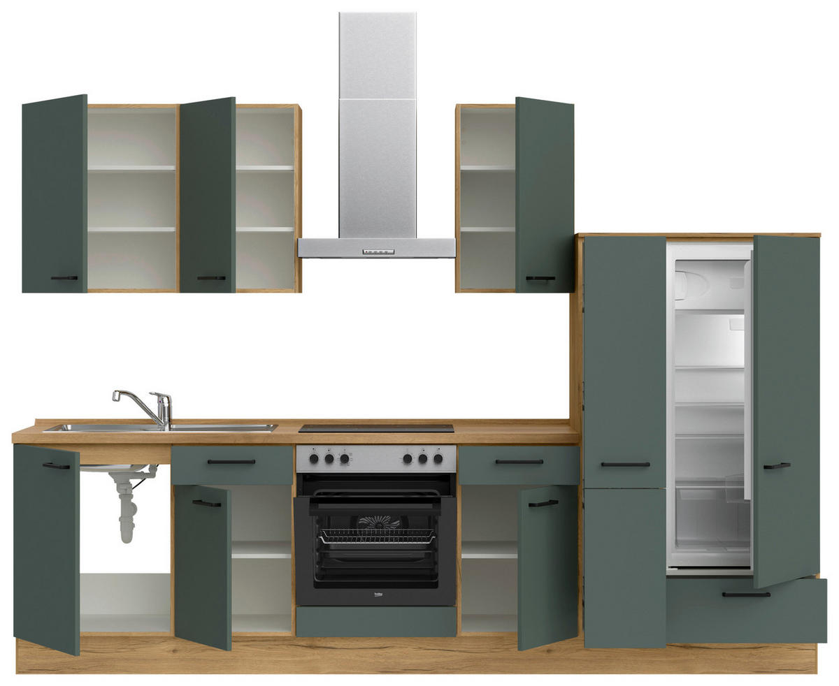 KÜCHENBLOCK Easytouch 300 cm  in Eichefarben, Dunkelgrün  - Dunkelgrün/Eichefarben, MODERN, Holzwerkstoff/Metall (300cm) - Nobilia