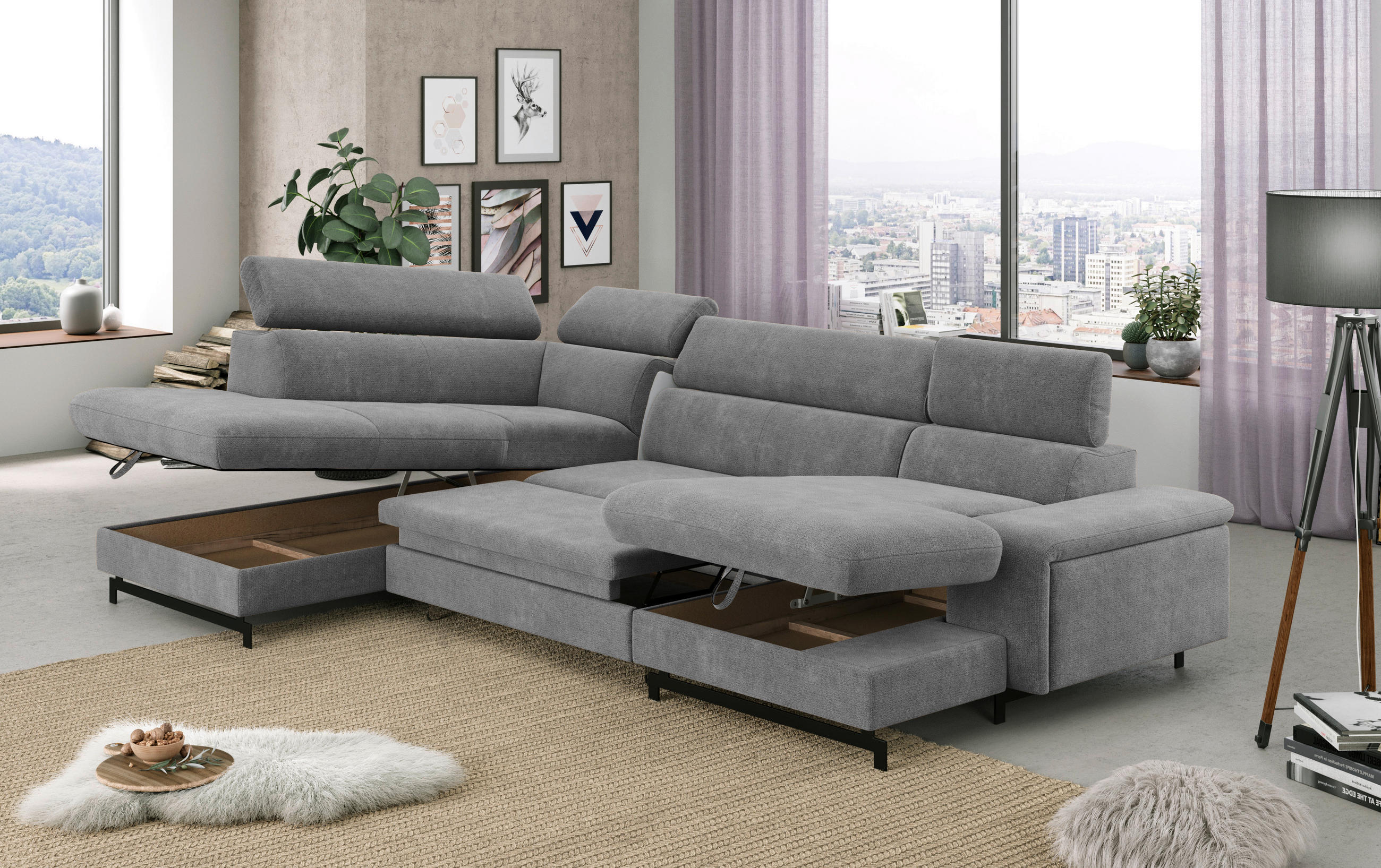 Thumbnail - Mid.you Wohnlandschaft, Grau, Textil, 6-Sitzer, Ottomane links, U-Form, 328x215 cm, Typenauswahl, Bettkasten erhältlich,...