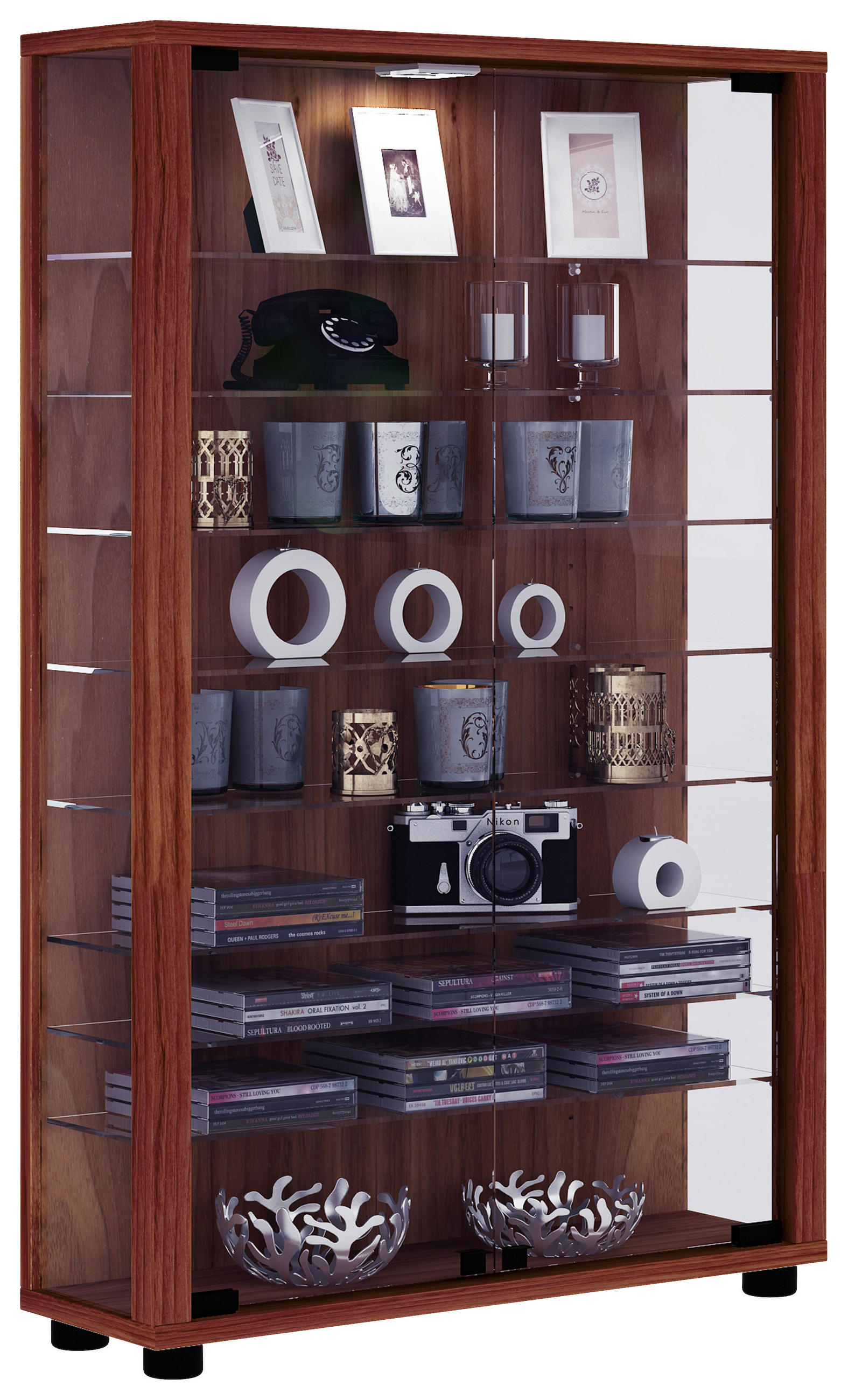 Thumbnail - Mid.you Vitrine Lumo, Nussbaum, Glas, 8 Fächer, F, 59x90x18 cm, stehend, Beleuchtung, Wohnzimmer, Wohnwände, Vitrinensch...