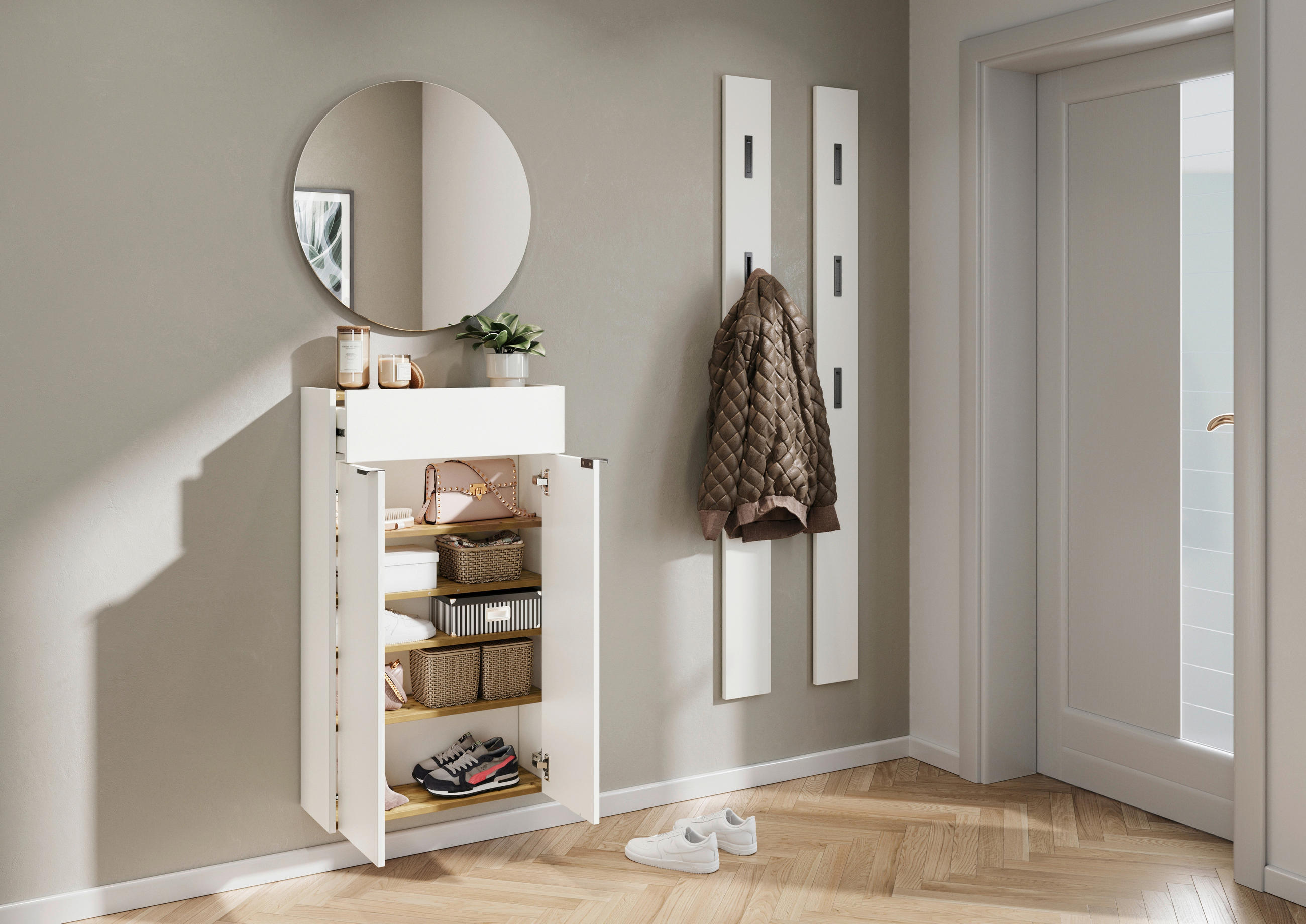 SCHUHSCHRANK Weiß, Eichefarben  - Eichefarben/Schwarz, Design, Holzwerkstoff/Kunststoff (56/97/22cm)
