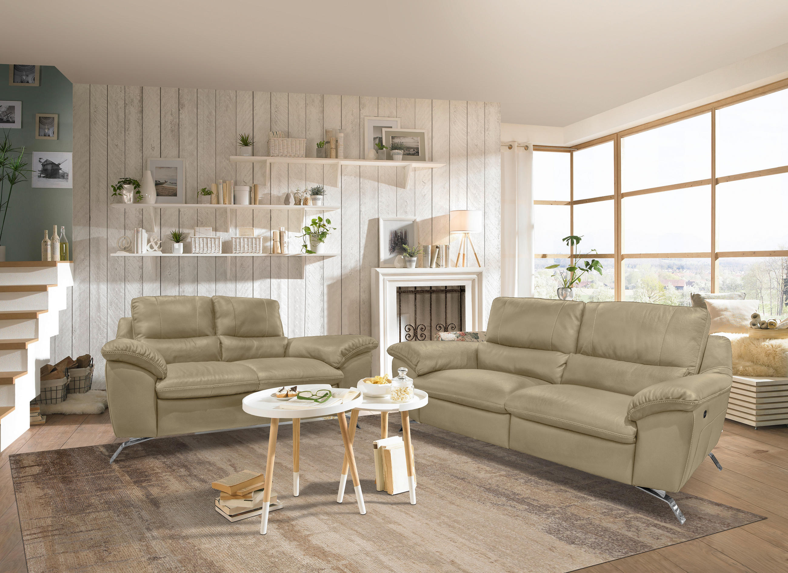 2,5-SITZER Kombination Echtleder/Lederlook Greige  - Greige/Silberfarben, Design, Leder/Metall (216/97/95-151cm) - Livetastic