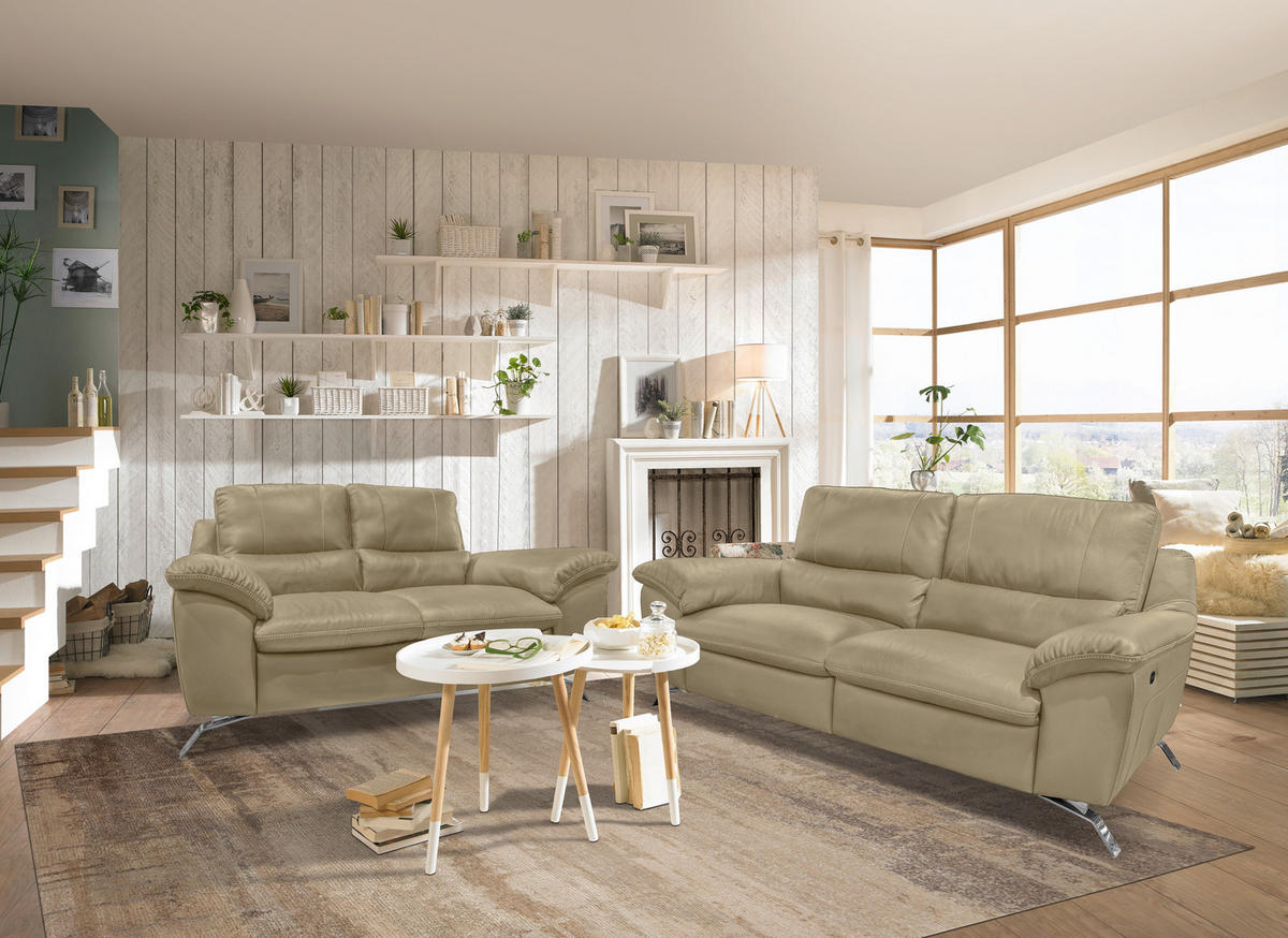 2,5-SITZER Kombination Echtleder/Lederlook Greige  - Greige/Silberfarben, Design, Leder/Metall (216/97/95-151cm) - Livetastic