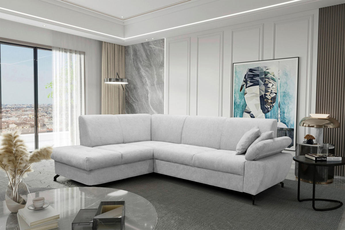 ECKSOFA CORA in Chenille Hellgrau  198/261 cm  - Hellgrau/Schwarz, Design, Textil/Metall (198/261cm) - MID.YOU