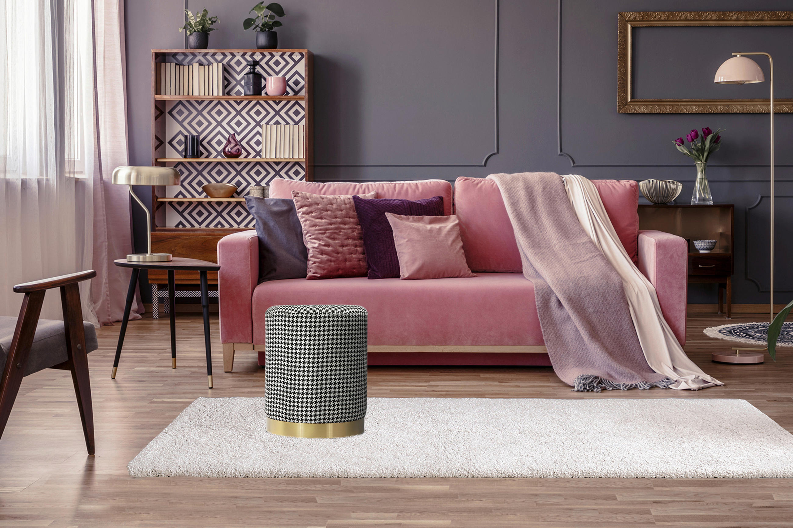 TABURET, textil, 36/44 cm - bílá/černá, Design, kov/textil (36/44cm) - MID.YOU