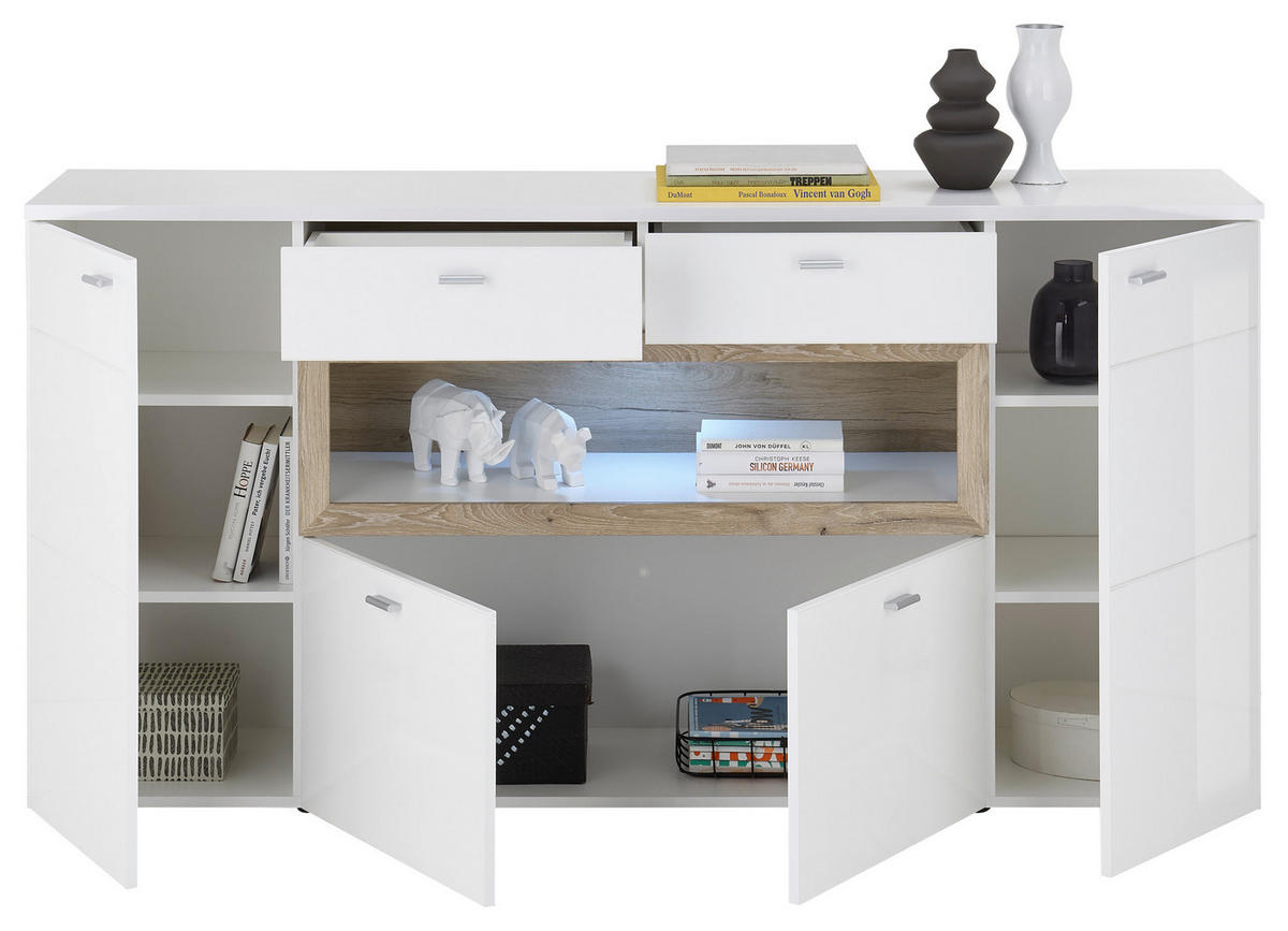 SIDEBOARD  180/90/38 cm 2 Schublade(n)  - Weiß Hochglanz/Silberfarben, Design, Holzwerkstoff/Kunststoff (180/90/38cm) - MID.YOU