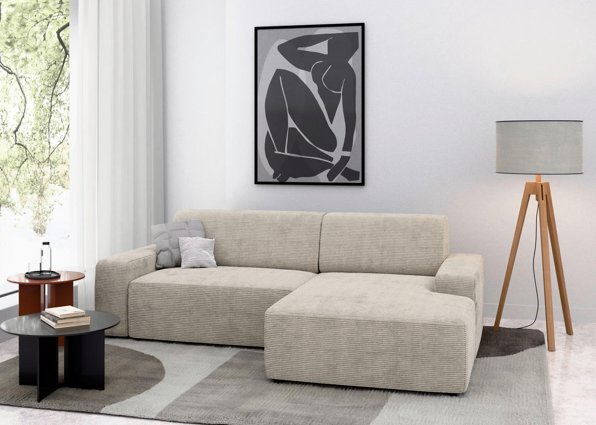 ECKSOFA Cord Creme  - Creme/Schwarz, Modern, Kunststoff/Textil (246/162cm) - Trendmanufaktur