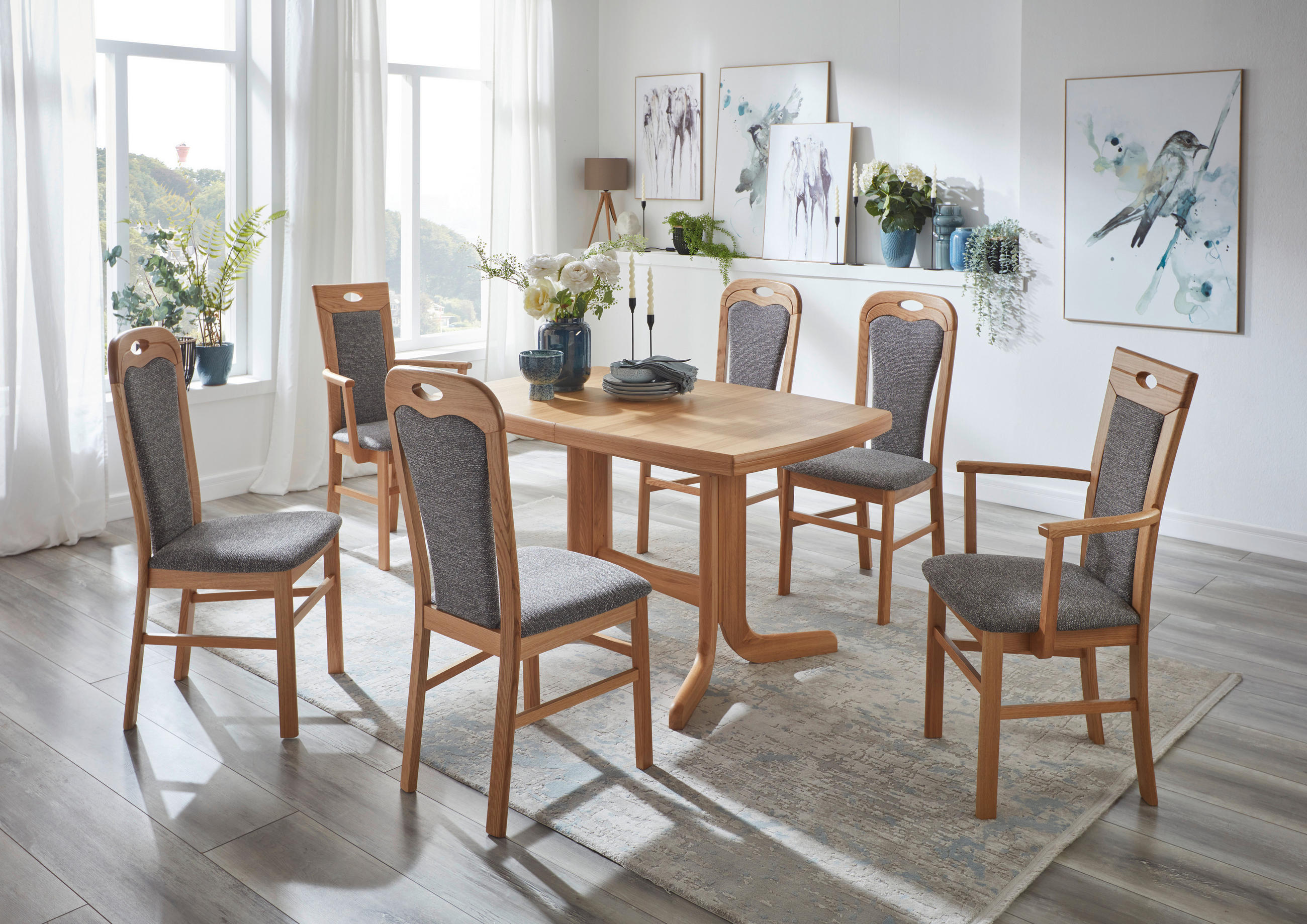 STUHL Webstoff Grau Eiche massiv  - Eichefarben/Grau, KONVENTIONELL, Holz/Textil (47/101/58cm) - Valdera
