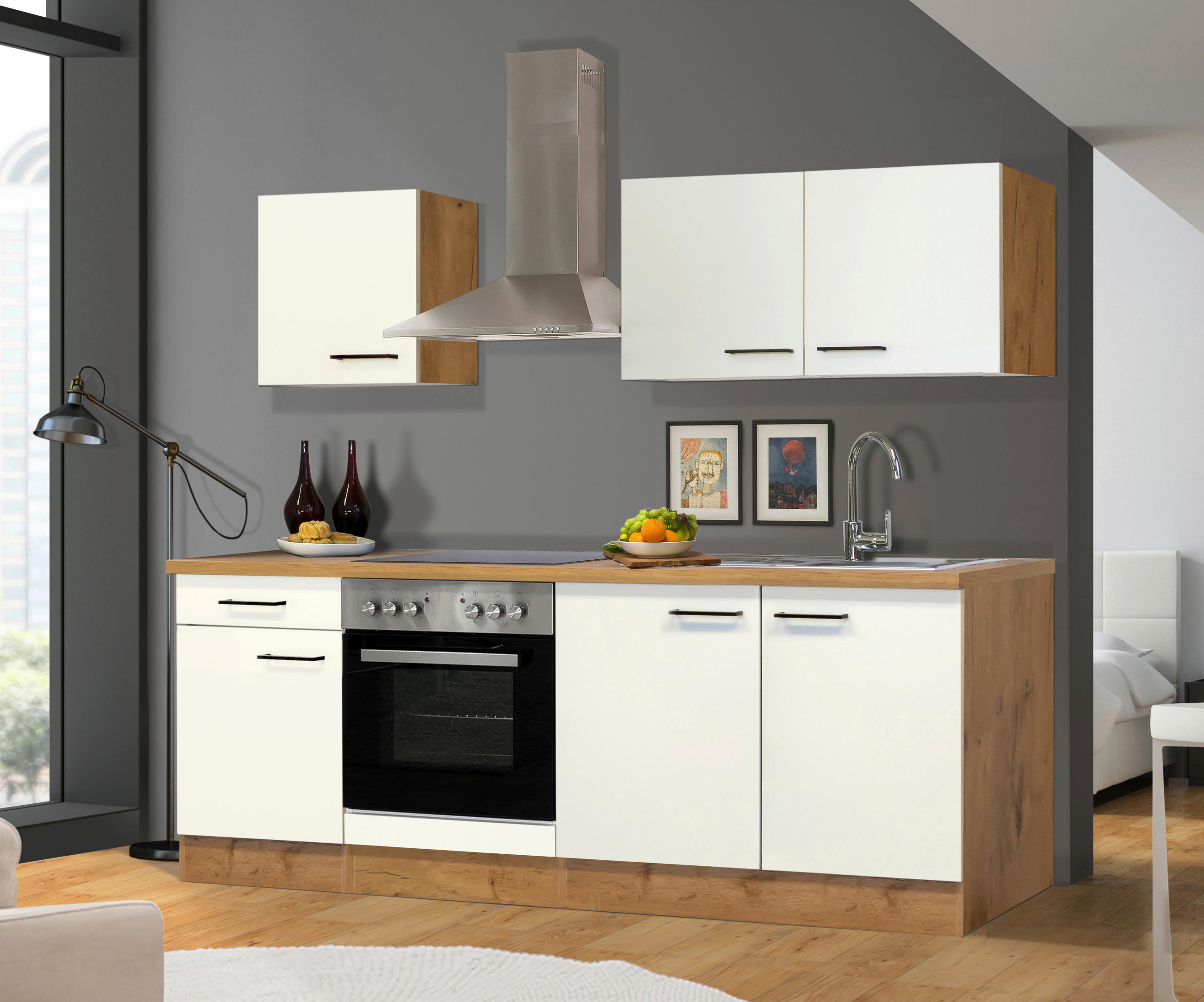 KÜCHENBLOCK 210 cm in Eichefarben, Magnolie - Eichefarben/Magnolie, MODERN, Holzwerkstoff/Metall (210cm) - FlexWell