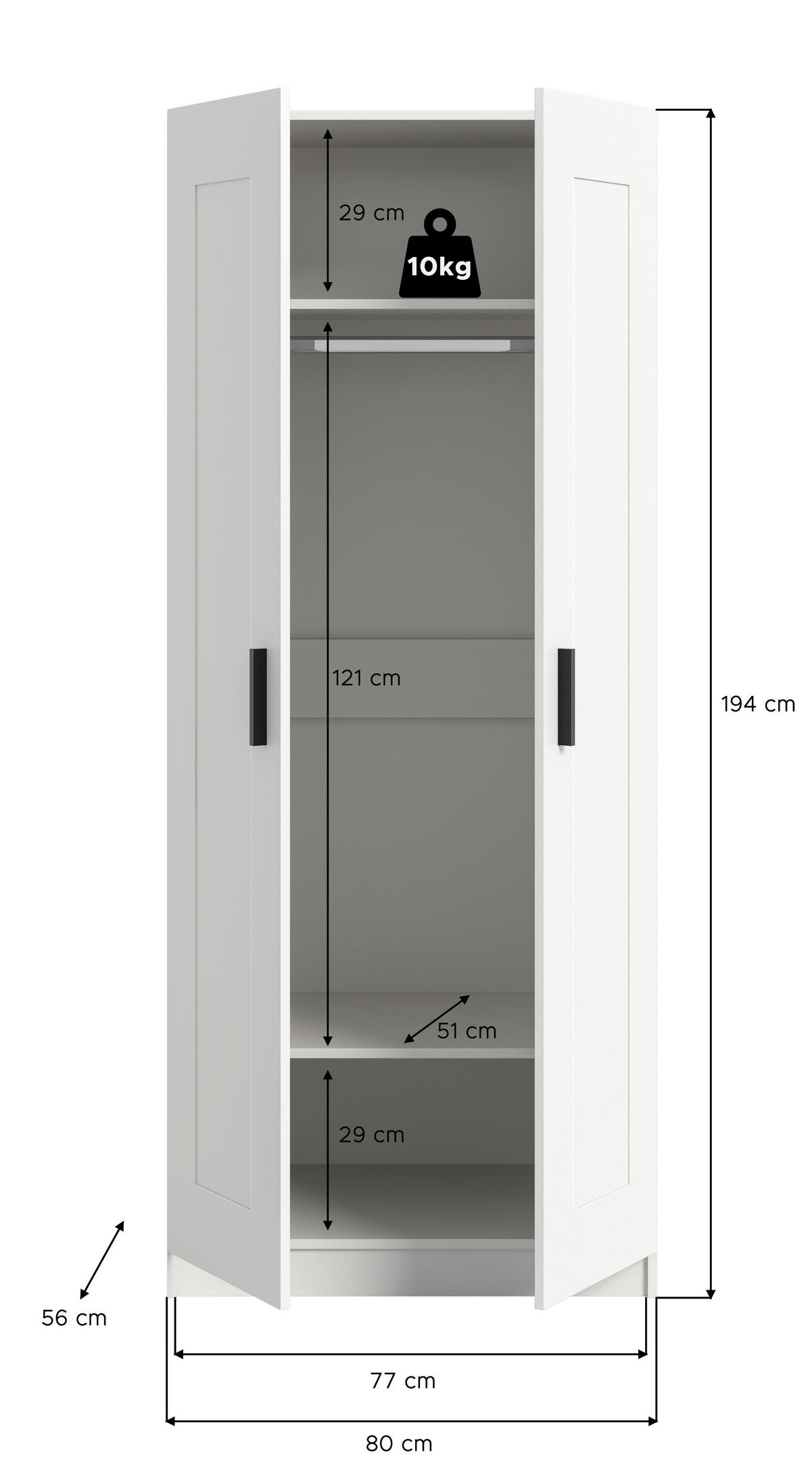 DREHTÜRENSCHRANK 80/195/56 cm,  in Weiß, 2 Tür(en)-türig  - Schwarz/Weiß, ROMANTIK / LANDHAUS, Holzwerkstoff/Kunststoff (80/195/56cm) - Livetastic