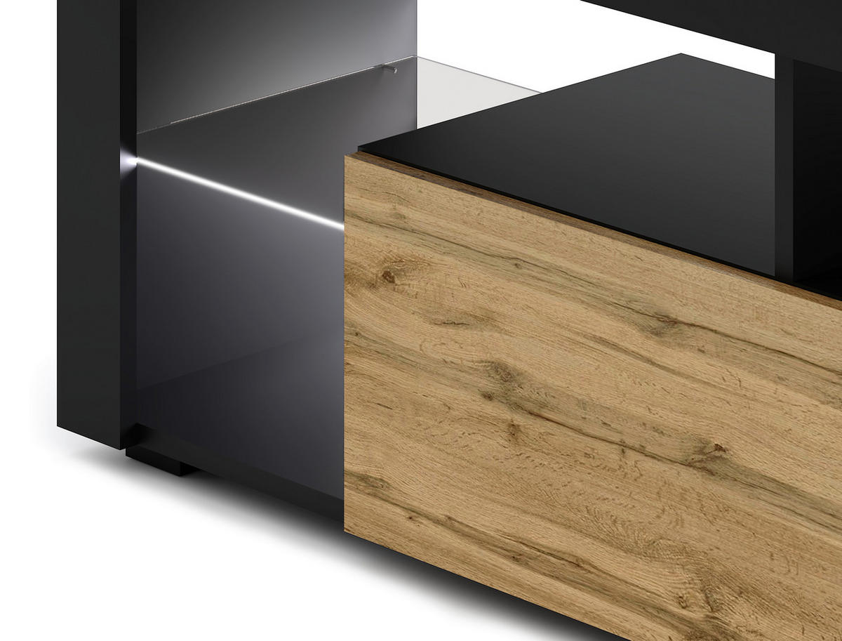 LOWBOARD EVEREST  in 140/50,5/35 cm  - Eiche Wotan/Schwarz, Design, Glas/Holzwerkstoff (140/50,5/35cm) - Livetastic