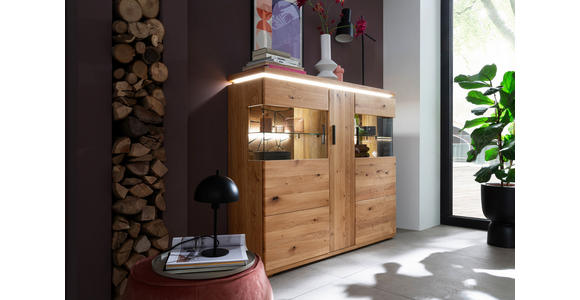 HIGHBOARD Grau, Eichefarben  150/128/37 cm  - Eichefarben/Anthrazit, Natur, Glas/Holz (150/128/37cm) - Linea Natura