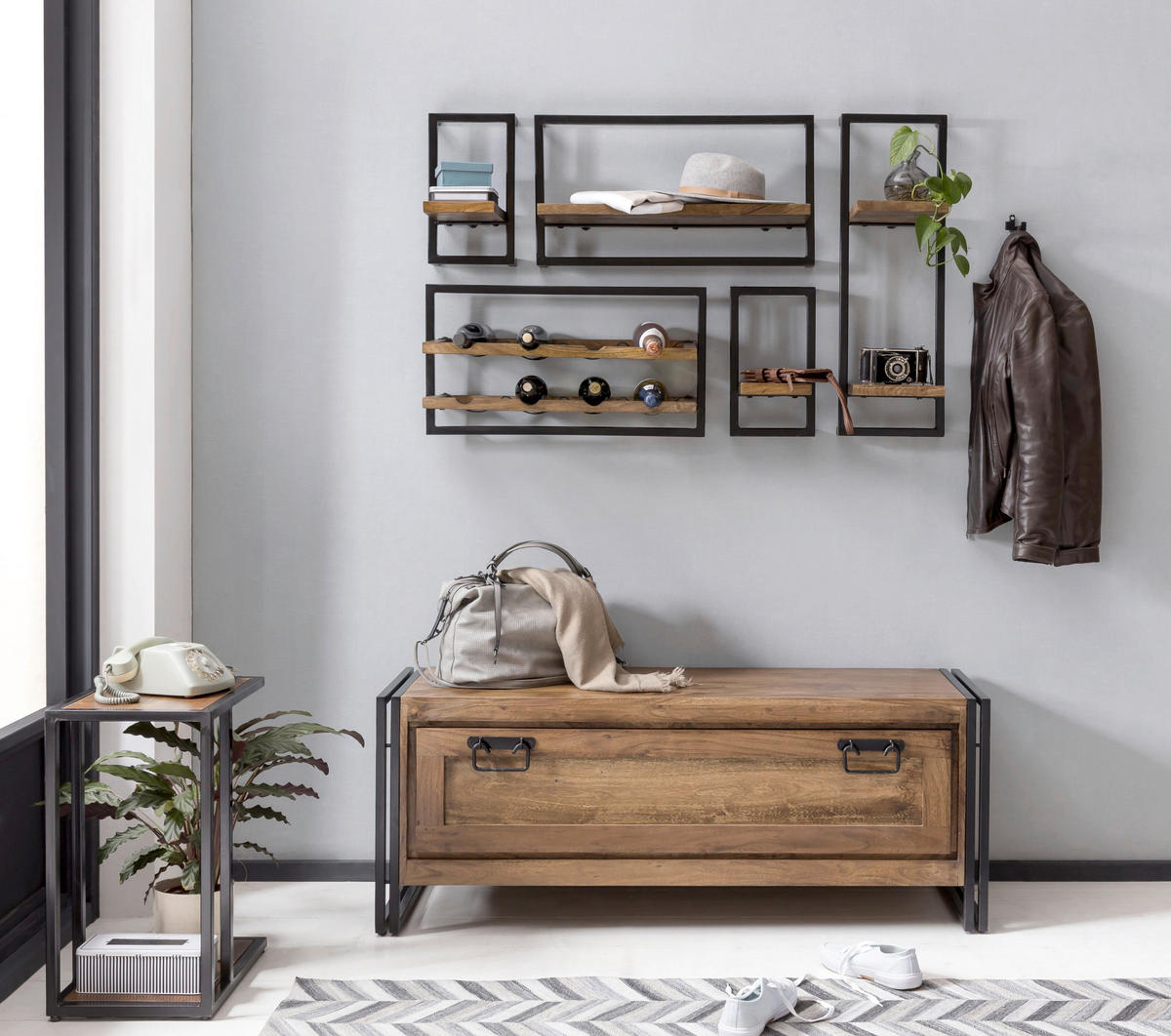 SCHUHSCHRANK Akazie massiv Naturfarben, Schwarz  - Schwarz/Naturfarben, Design, Holz/Metall (130/50/40cm) - MID.YOU