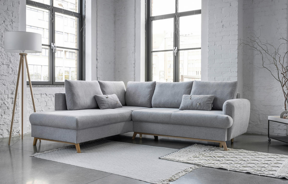 ECKSOFA in Chenille Hellgrau  - Hellgrau/Naturfarben, Holz/Textil (202/242cm) - MID.YOU