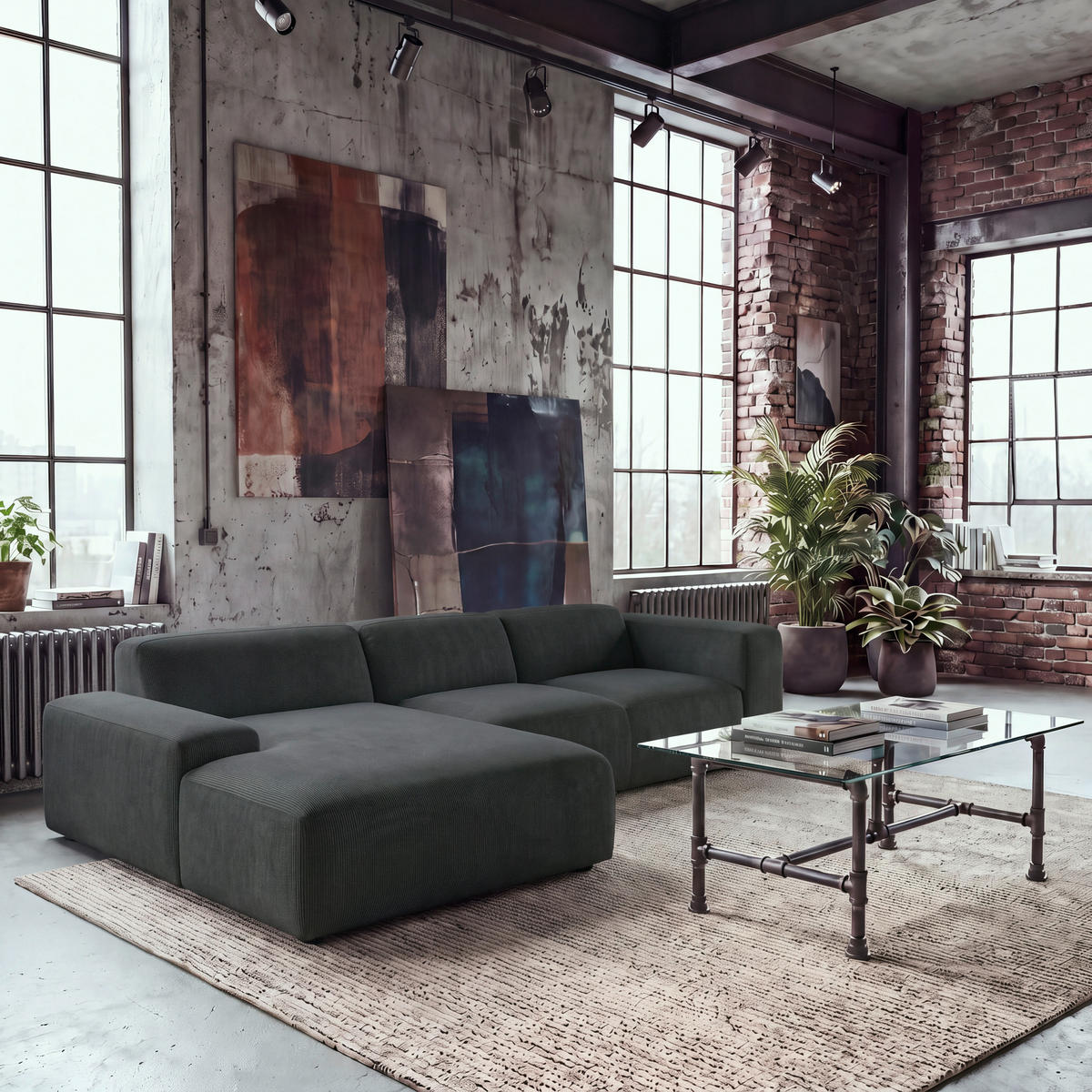ECKSOFA HANNAH Schwarz Cord  - Schwarz, Design, Kunststoff/Textil (200/304cm) - MID.YOU