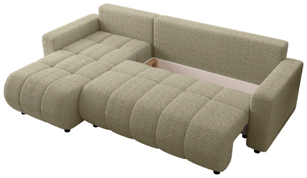 ECKSOFA Beige Bouclé Zierkissen, Rückenkissen, Bettkasten, Schlaffunktion, Rücken echt, Liegefläche im Originalstoff  - Beige/Schwarz, MODERN, Kunststoff/Textil (150/240cm) - Carryhome