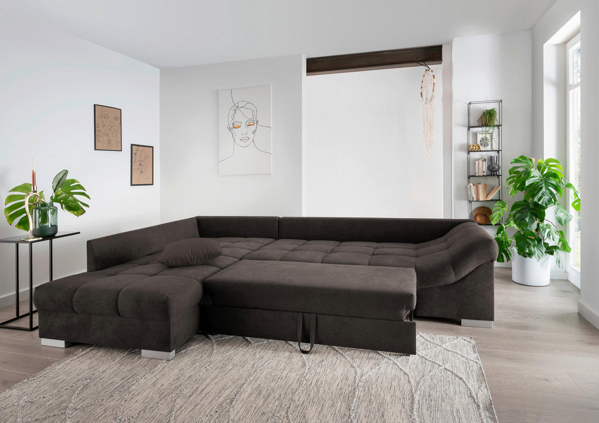 ECKSCHLAFSOFA Dunkelbraun Mikrofaser  - Dunkelbraun/Silberfarben, Design, Holz/Textil (202/298cm) - MID.YOU