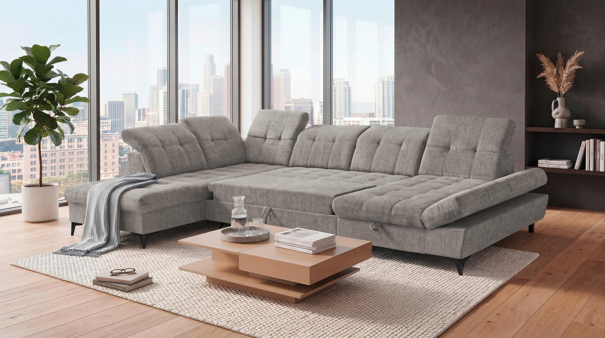 WOHNLANDSCHAFT Mikrovelours Taupe  - Taupe/Schwarz, Modern, Kunststoff/Textil (245/348/168cm) - MID.YOU