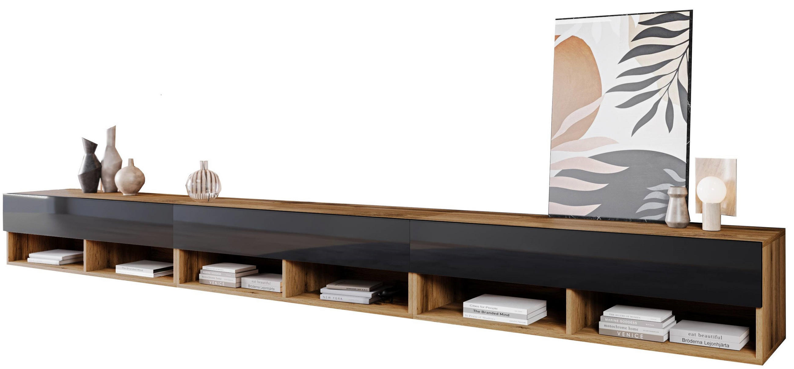 TV-Lowboard B: 300 cm Eiche Wotan/ Schwarz Hochglanz