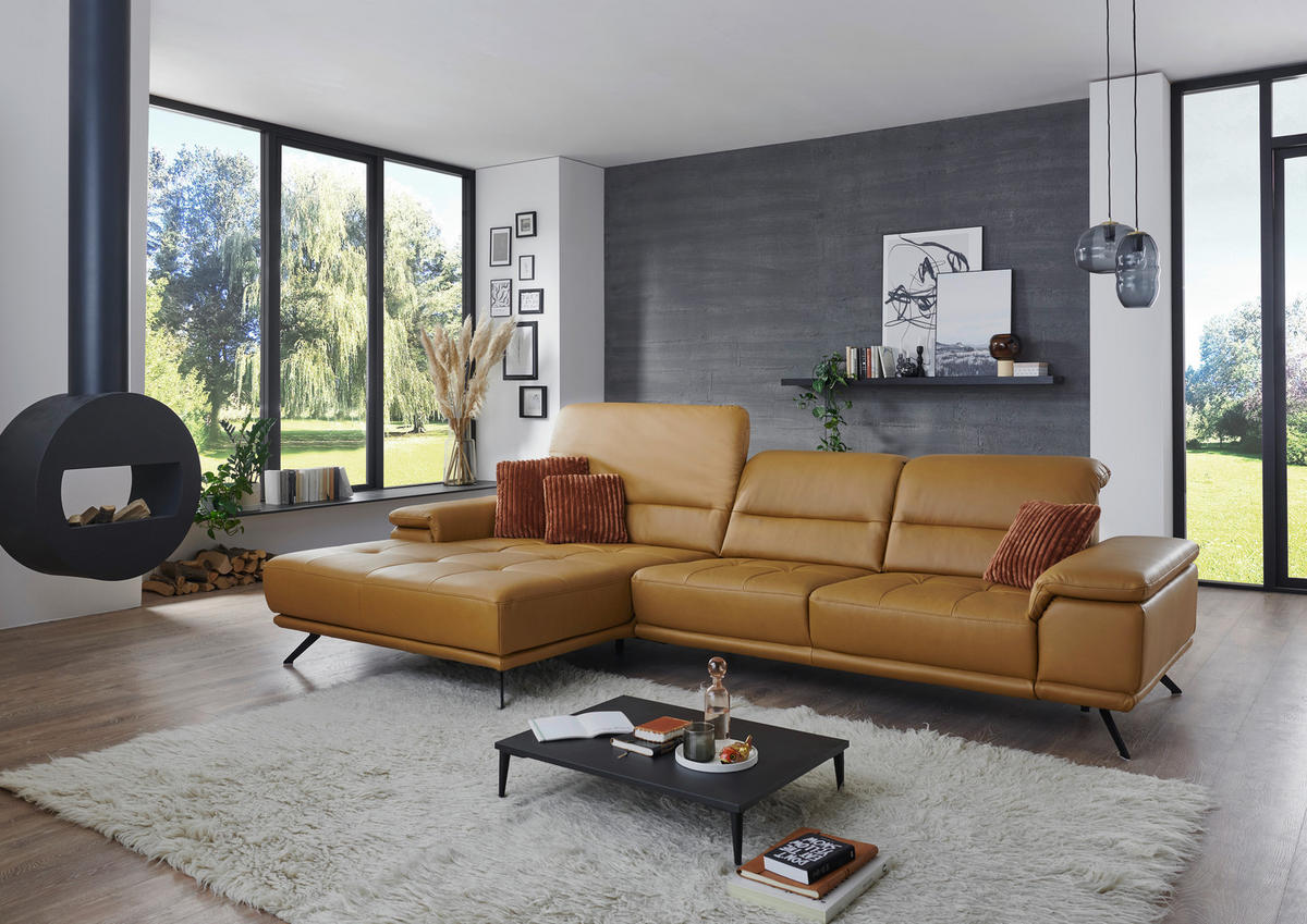 ECKSOFA Echtleder Currygelb  - Currygelb/Schwarz, Konventionell, Leder/Metall (193/343cm) - Beldomo Premium