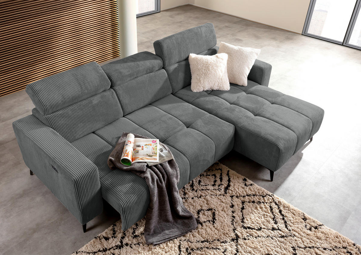 ECKSOFA Dunkelgrau Cord Rücken echt, Kopfteilverstellung, Sitzvorzug  - Dunkelgrau/Schwarz, KONVENTIONELL, Textil/Metall (257/170cm) - Carryhome