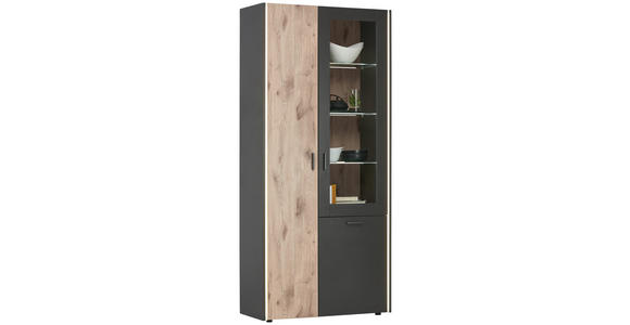 VITRINE in Grau, Eichefarben - Eichefarben/Schwarz, MODERN, Glas/Holzwerkstoff (91/200/37cm) - Hom`in