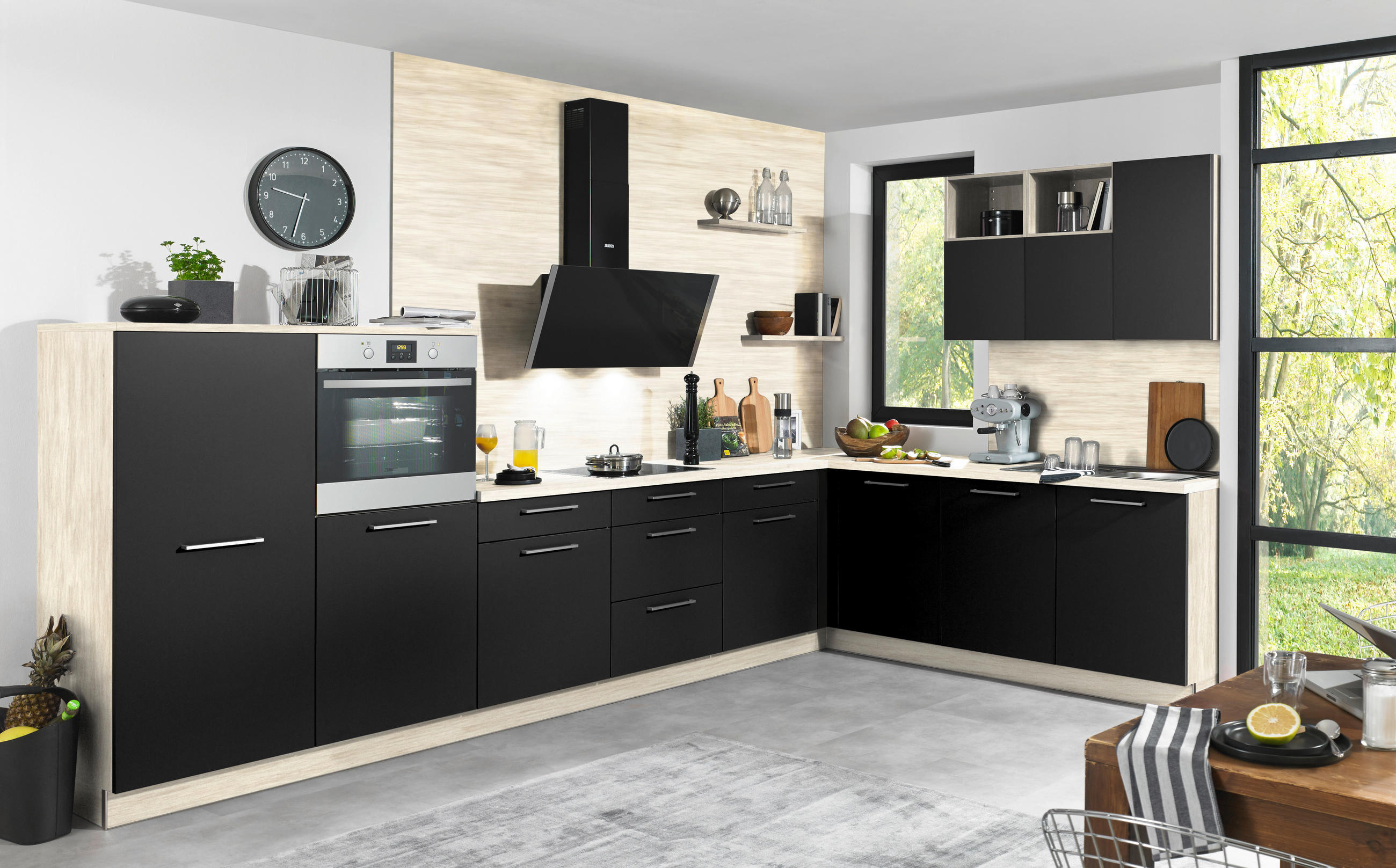 EINBAUKÜCHE   - Birkefarben/Schwarz, Design, Holzwerkstoff - Dieter Knoll