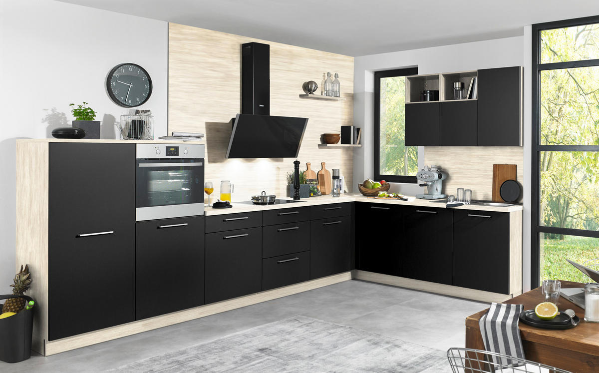 EINBAUKÜCHE   - Birkefarben/Schwarz, Design, Holzwerkstoff - Dieter Knoll