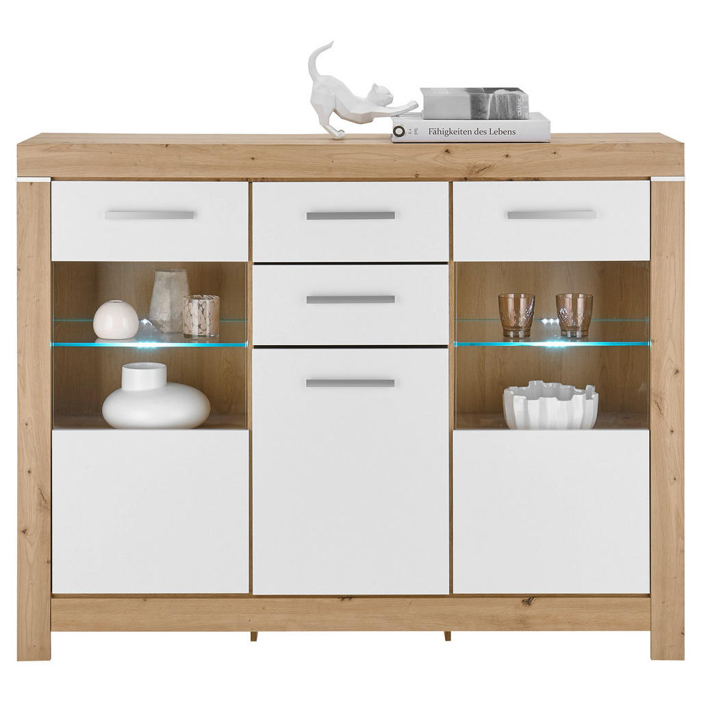 Thumbnail - Mid.you Highboard, Weiß, Eiche Artisan, Glas, Holzwerkstoff, 5 Fächer, 2 Schubladen, 160x125x45 cm, Beimöbel erhältlich,...