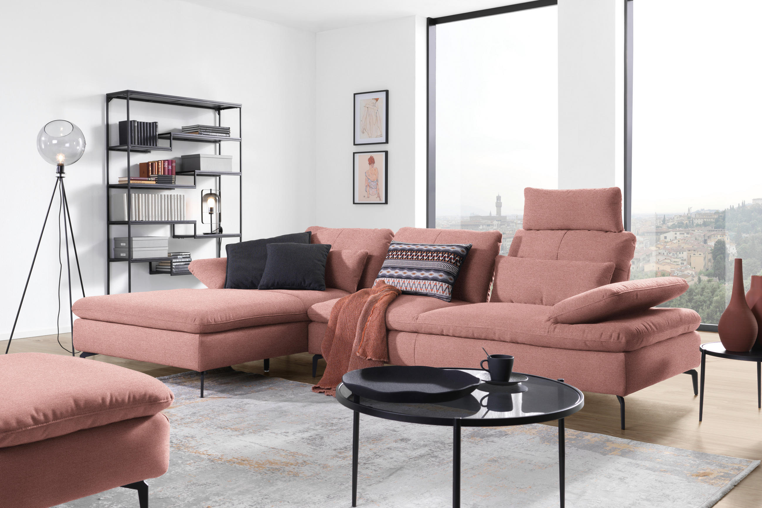 ECKSOFA in Webstoff Altrosa  - Schwarz/Altrosa, Design, Textil/Metall (179/301cm) - Chilliano