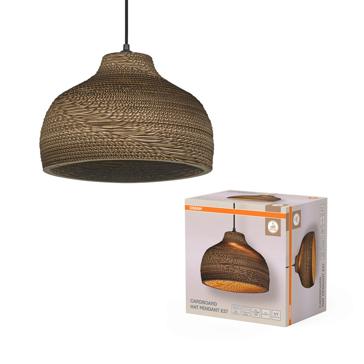 HÄNGELEUCHTE 36/132 cm  - Braun, Natur, Karton/Metall (36/132cm) - Osram