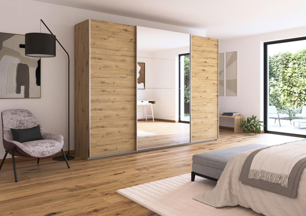 SCHWEBETÜRENSCHRANK  in Eiche Artisan  - Alufarben/Eiche Artisan, KONVENTIONELL, Glas/Holzwerkstoff (315/229/62cm) - Xora