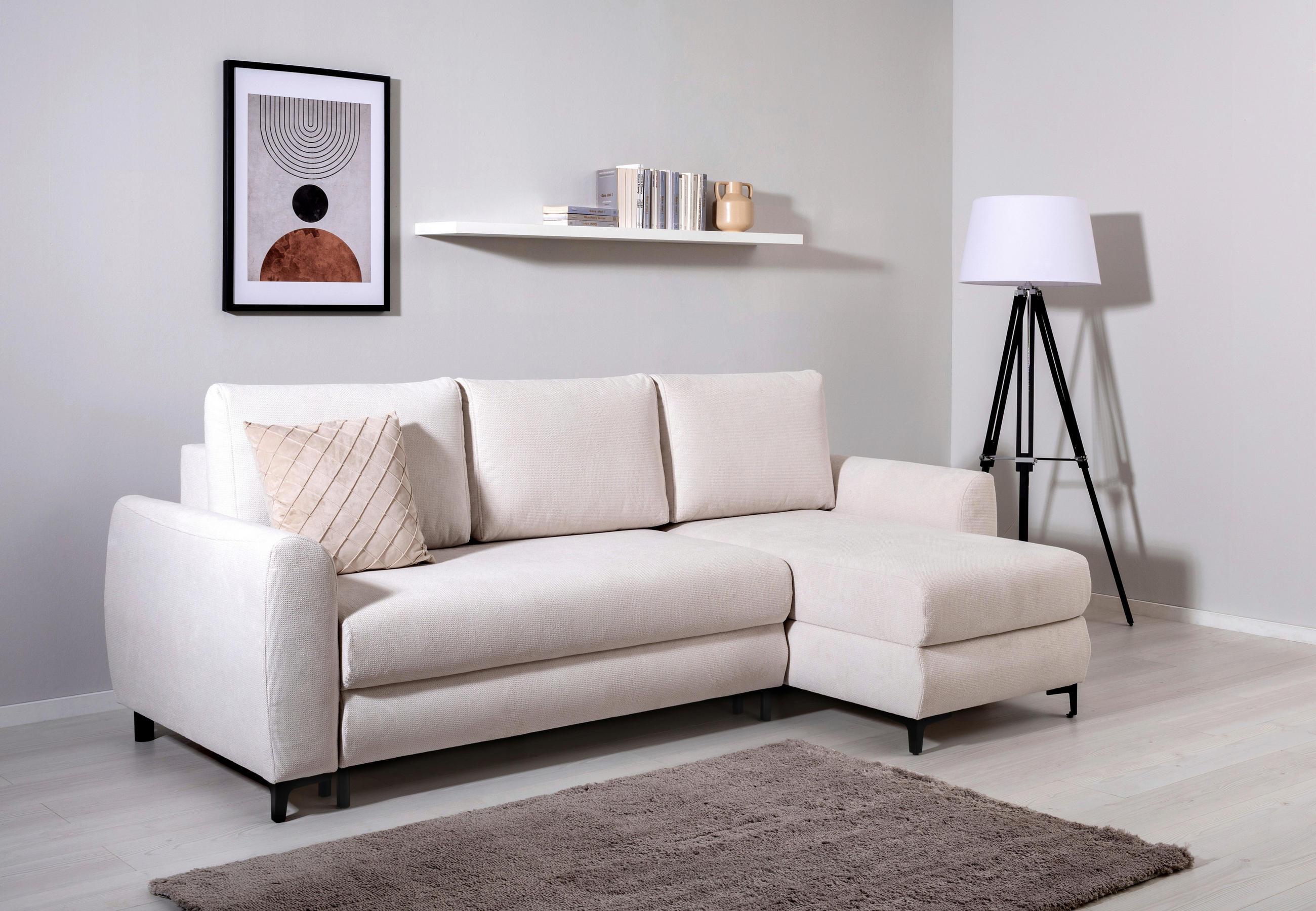 ECKSOFA Moli Creme Mikrofaser  - Creme/Schwarz, Design, Textil/Metall (236/148cm) - Mican