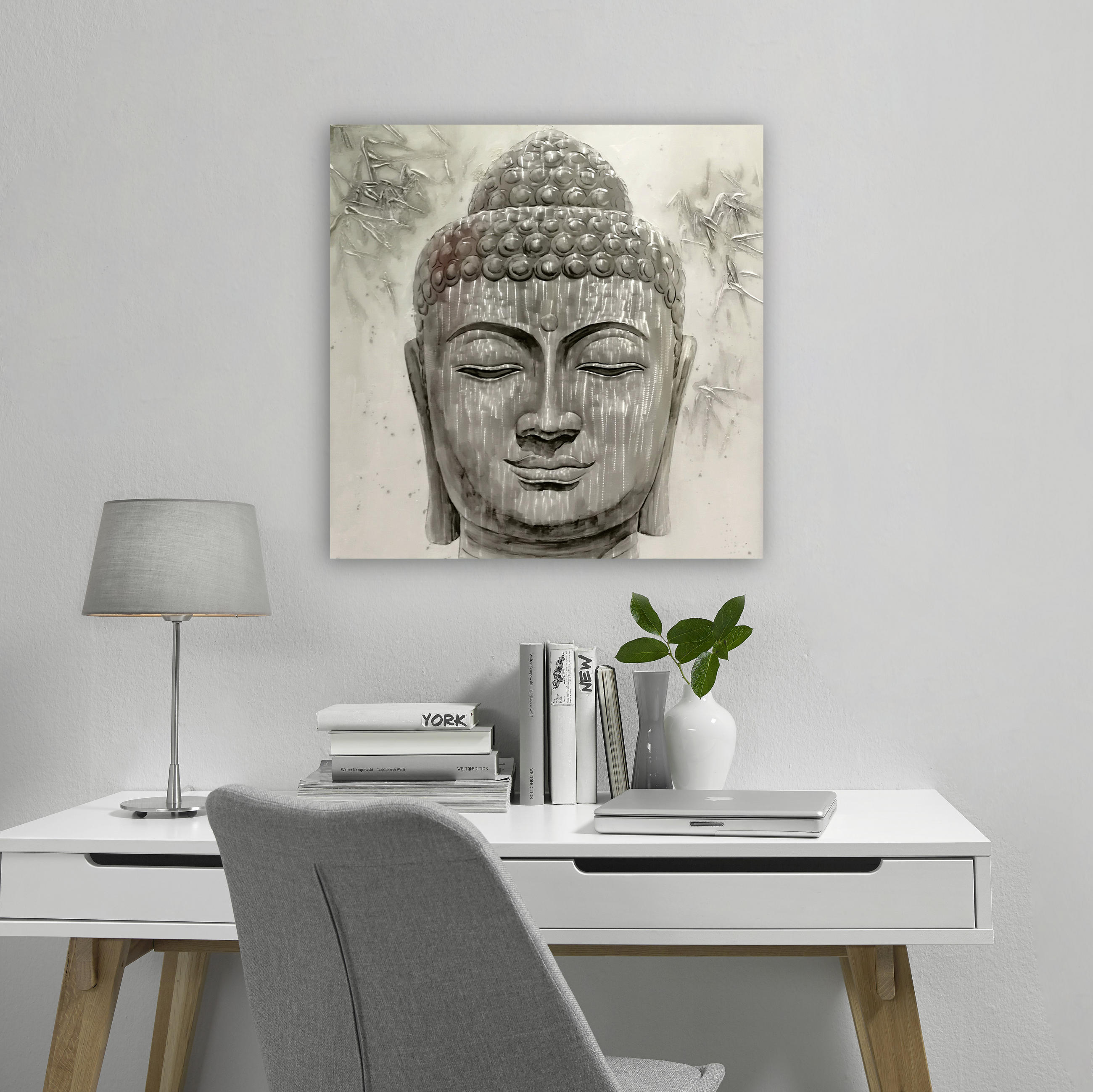 ÖLGEMÄLDE Buddha 100/100 cm  - Weiß/Grau, LIFESTYLE, Holz/Textil (100/100cm) - Monee