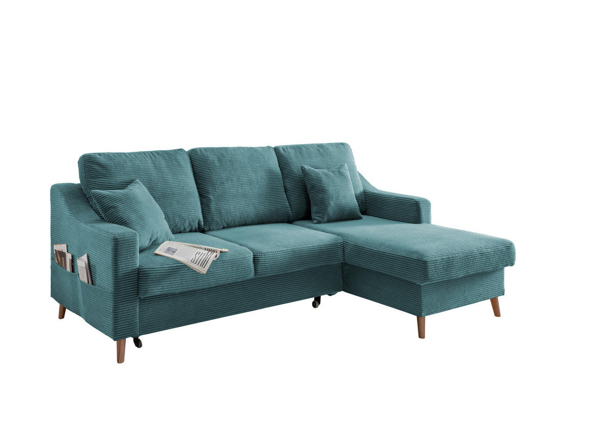 ECKSOFA in Cord Petrol  - Petrol/Naturfarben, Design, Holz/Textil (228/150cm) - P & B