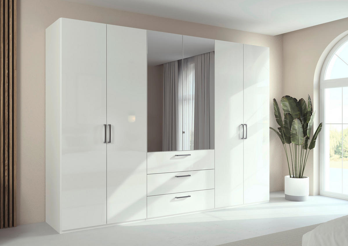 DREHTÜRENSCHRANK 301/223/61 cm,  in Weiß, Weiß Hochglanz, 6-türig  - Chromfarben/Edelstahlfarben, Basics, Glas/Holzwerkstoff (301/223/61cm) - Novel