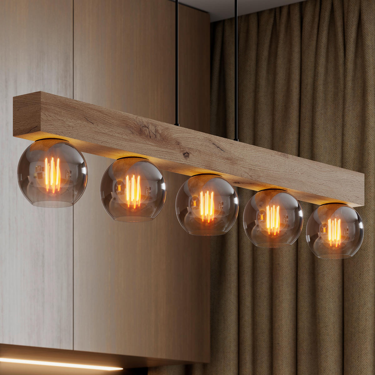 HÄNGELEUCHTE 115/15/120 cm    - Schwarz/Naturfarben, Natur, Glas/Holzwerkstoff (115/15/120cm) - Globo