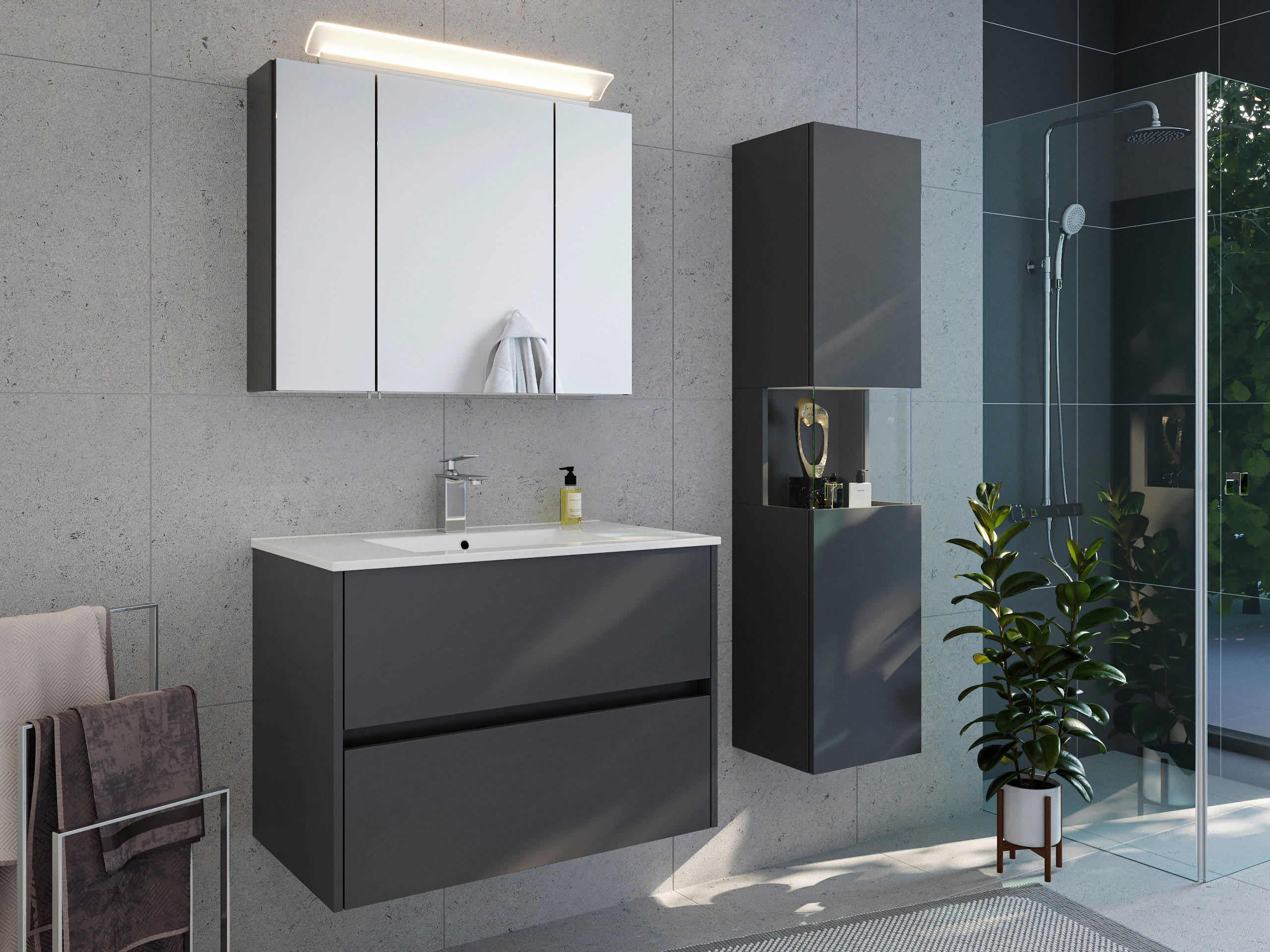 BADEZIMMER 3-teilig  in 80 cm  - Graphitfarben/Weiß, Basics, Keramik/Holzwerkstoff (80cm) - MID.YOU