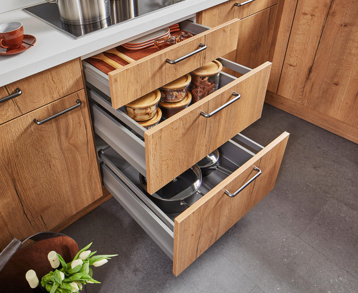 EINBAUKÜCHE TORONTO  - Eichefarben/Weiß, Design, Holzwerkstoff/Metall - Moderano