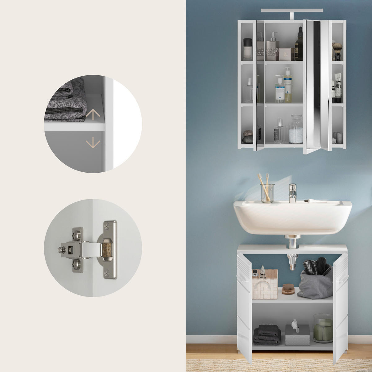 BADEZIMMER 2-teilig  in  - Weiß Hochglanz/Silberfarben, MODERN, Glas/Holzwerkstoff (60/182/34cm) - MID.YOU